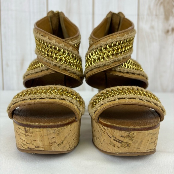 Tory Burch Lucian Sandals Leather Gold Chain Strappy Platform Wedges Tan Size 6 - Picture 6 of 15
